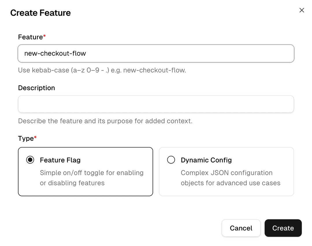 Create flag modal — name, type, description