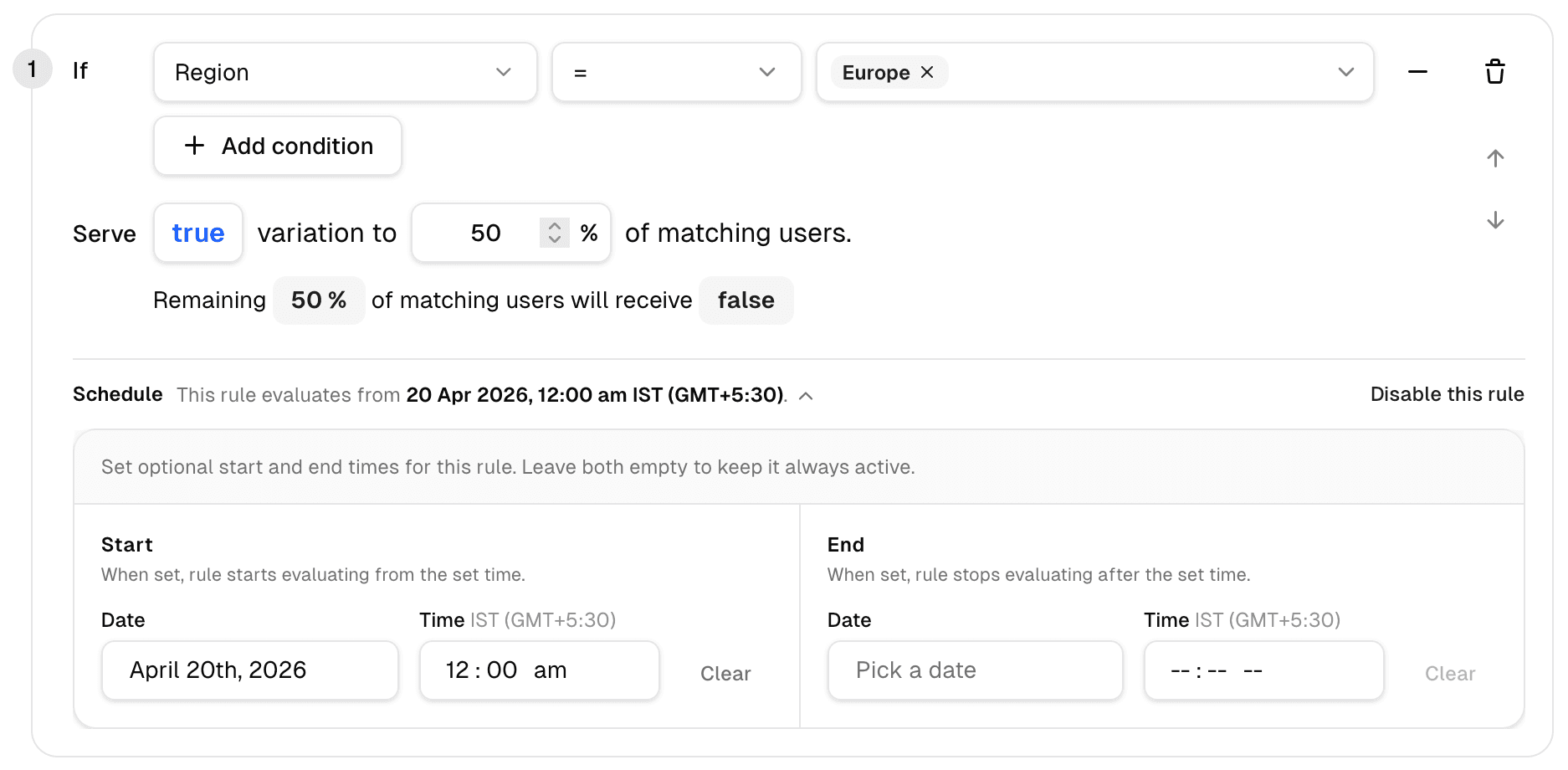 Rule schedule: start, end, timezone, and clear controls